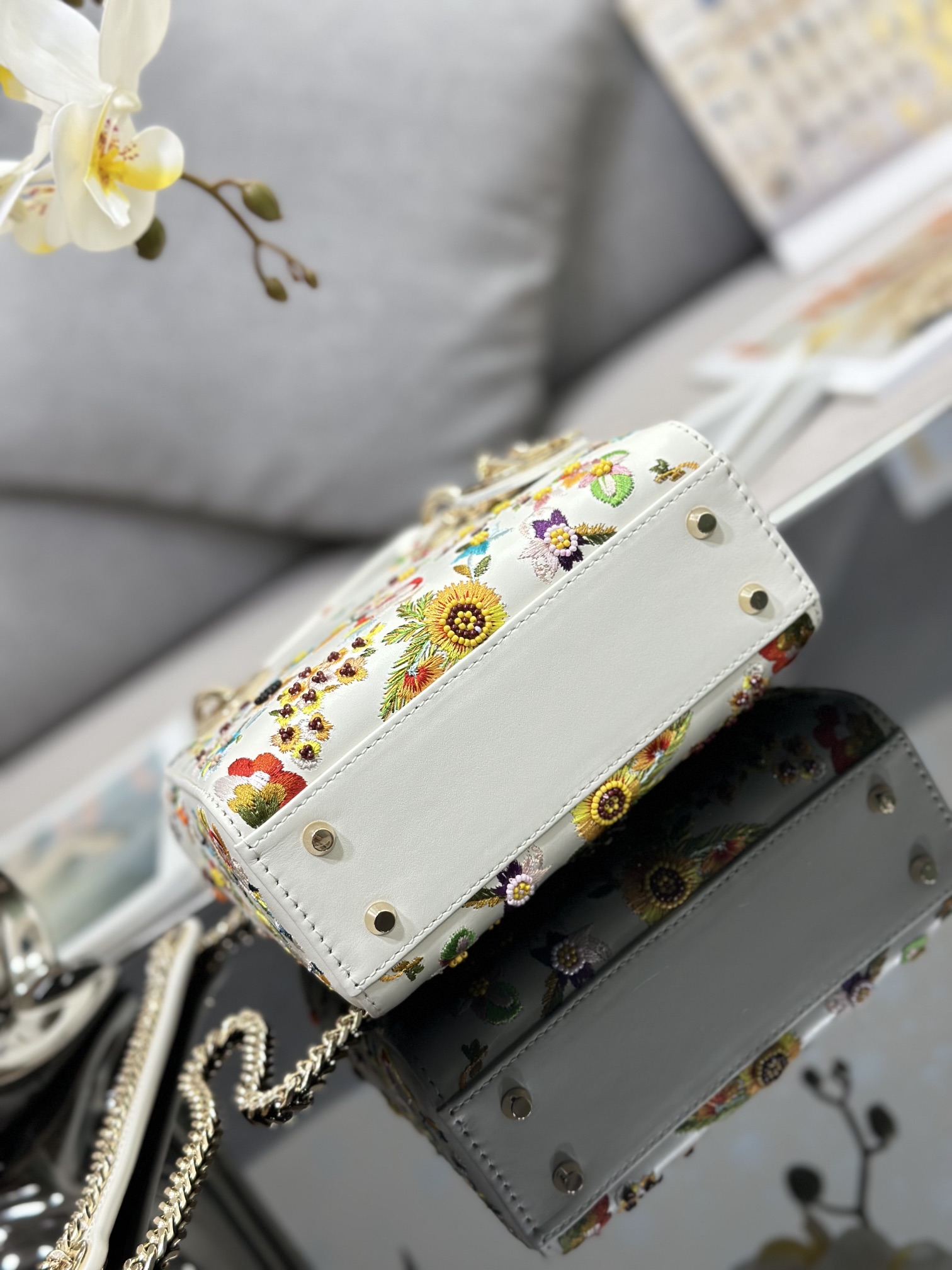 Mini Lady Dior Bag White Calfskin Embroidered with Flowers Beads